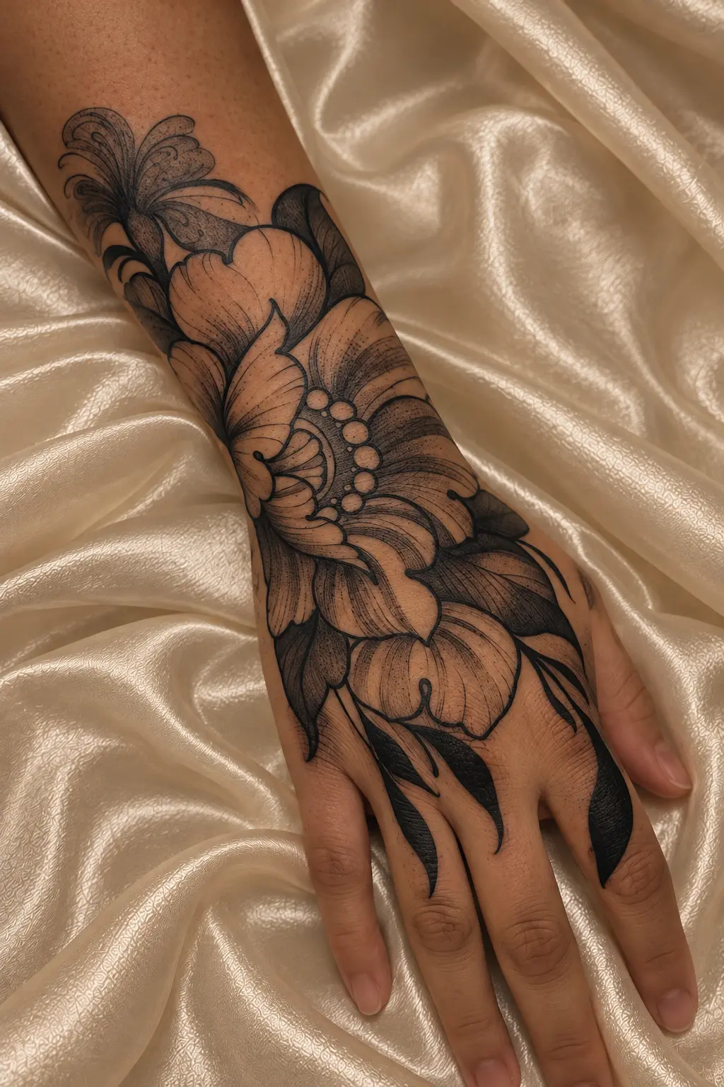 Composição floral em blackwork cobrindo mão e punho, com pérolas e folhas sólidas