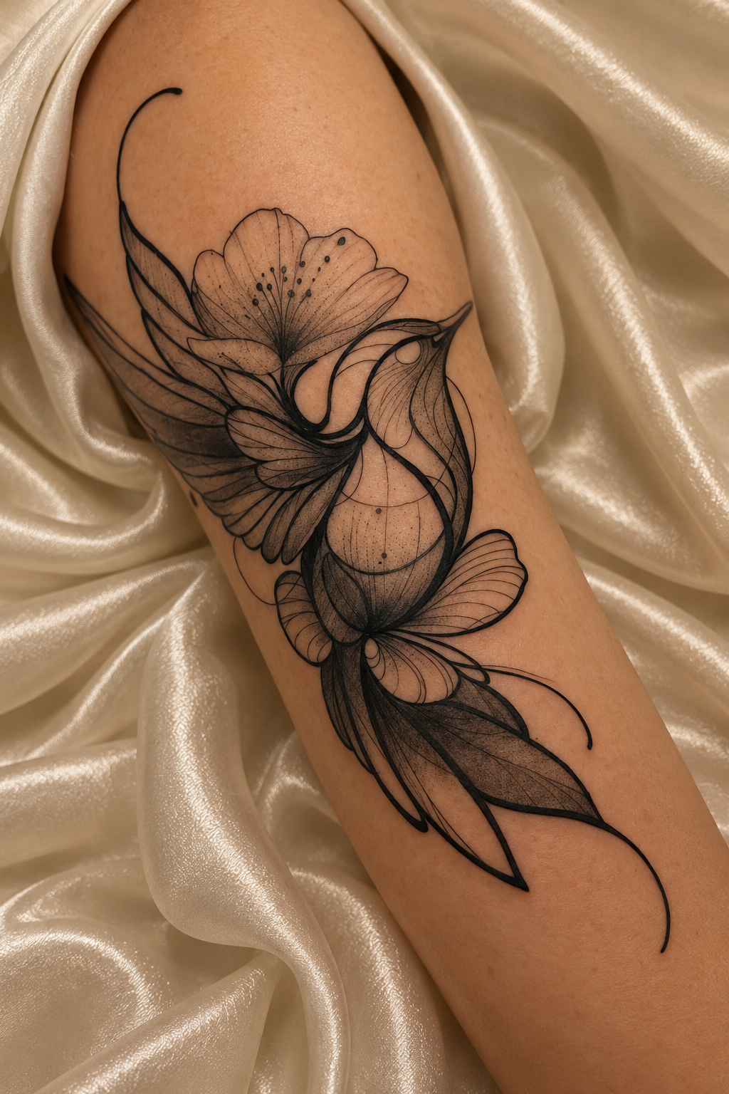 Tatuagem fine line de beija-flor integrado a pétalas e folhas botânicas no braço