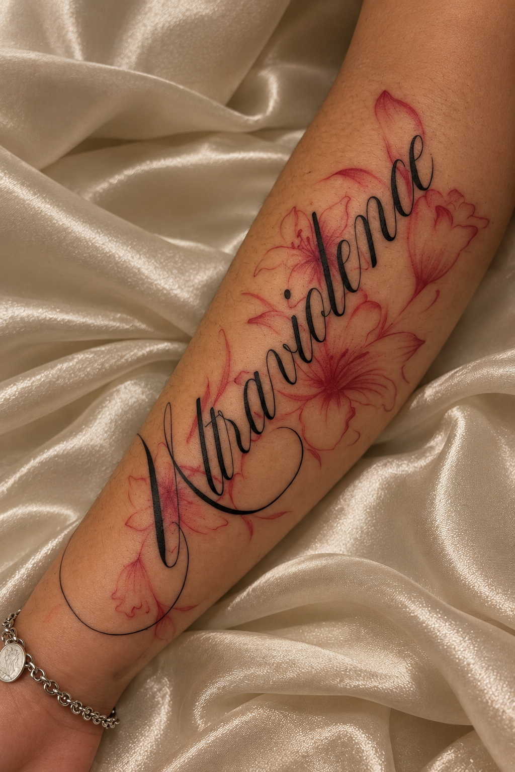 Tatuagem de caligrafia cursiva com a palavra Ultraviolence sobre flores vermelhas em traço fino no antebraço