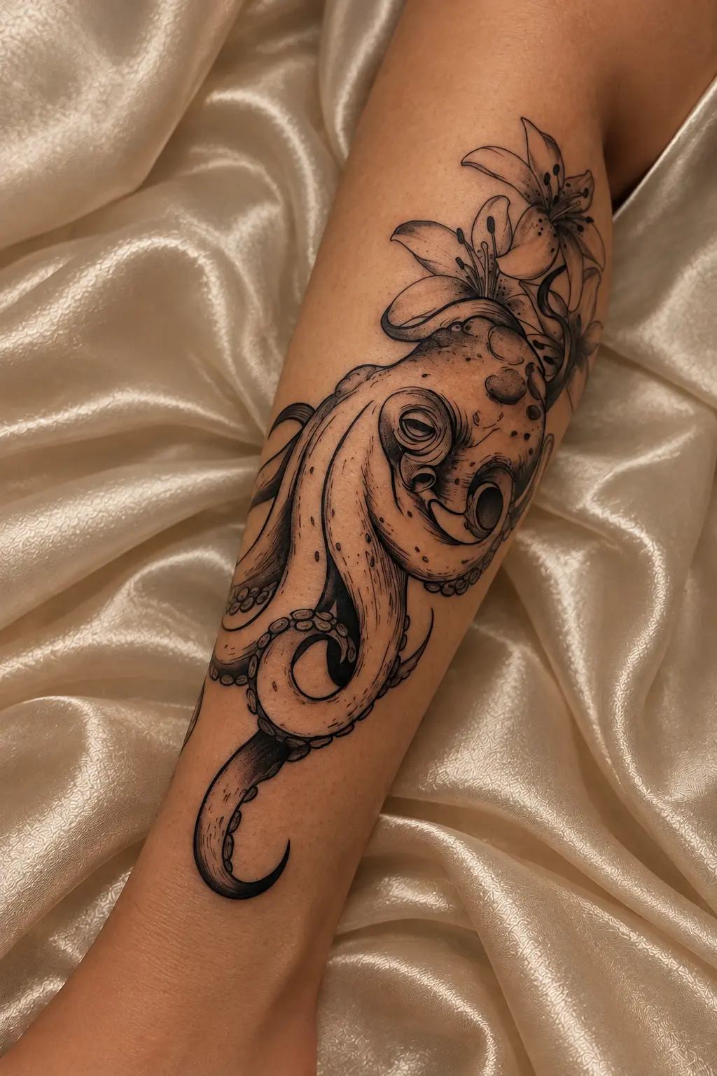 Tatuagem blackwork de polvo com tentáculos em espiral e lírios na perna