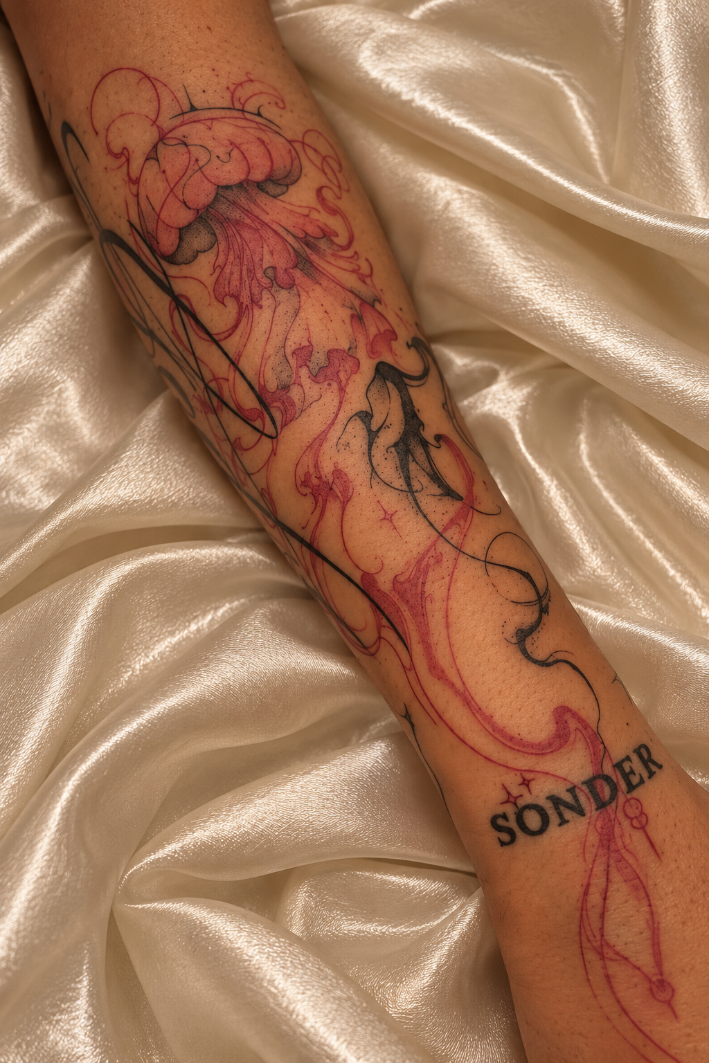 Tatuagem de água-viva com tentáculos fluidos em traço fino e a palavra Sonder em vermelho no antebraço