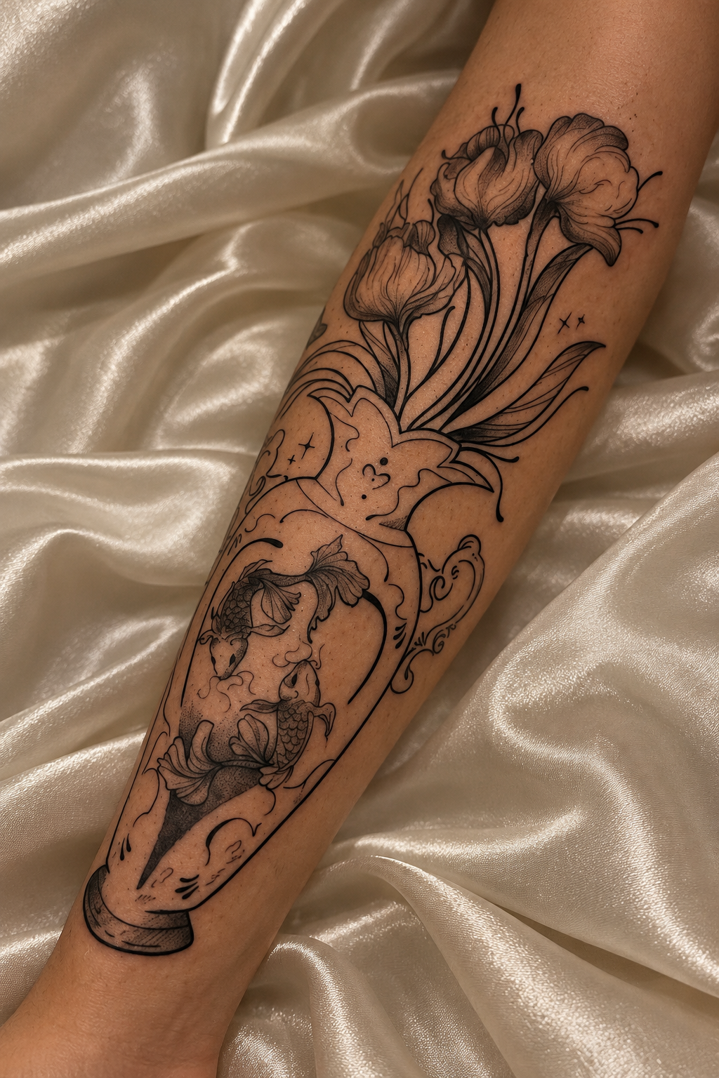 Tatuagem ornamental de vaso antigo com peixes e buquê de tulipas em traço fino no antebraço