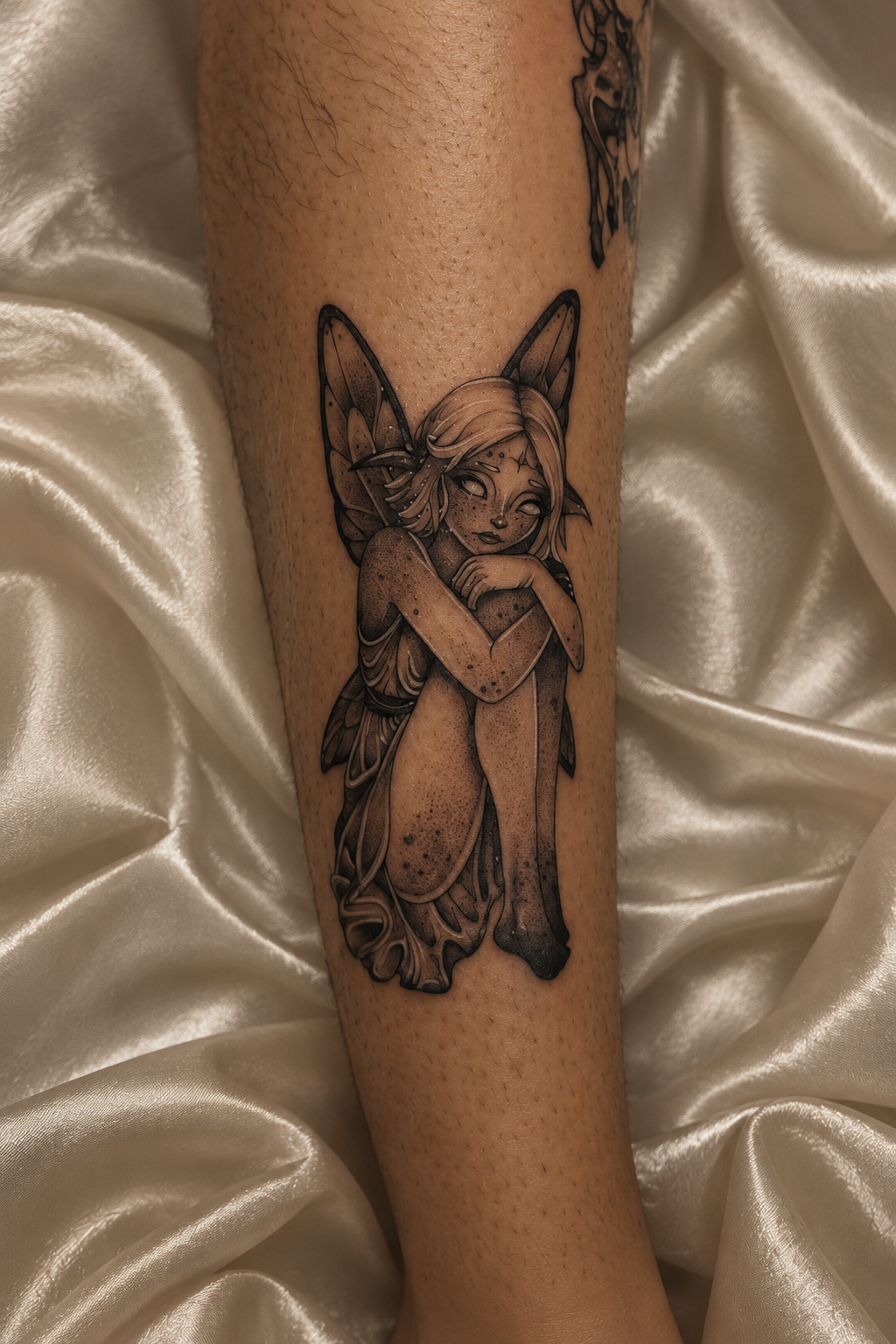 Tatuagem de fada agachada abraçando os joelhos, com asas de mariposa e sardas pontilhadas na perna